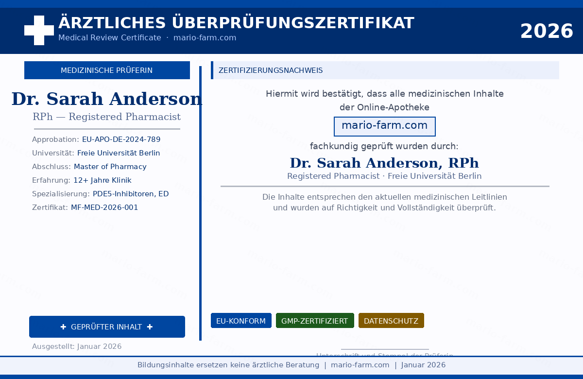 Ärztliches Überprüfungszertifikat mario-farm.com — Dr. Sarah Anderson RPh, klinische Pharmazeutin, Freie Universität Berlin